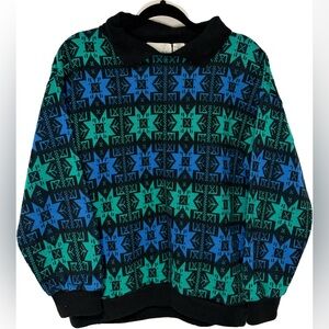 Vintage Geometric Pattern Knit Sweater – Blue and Green – Men’s Medium